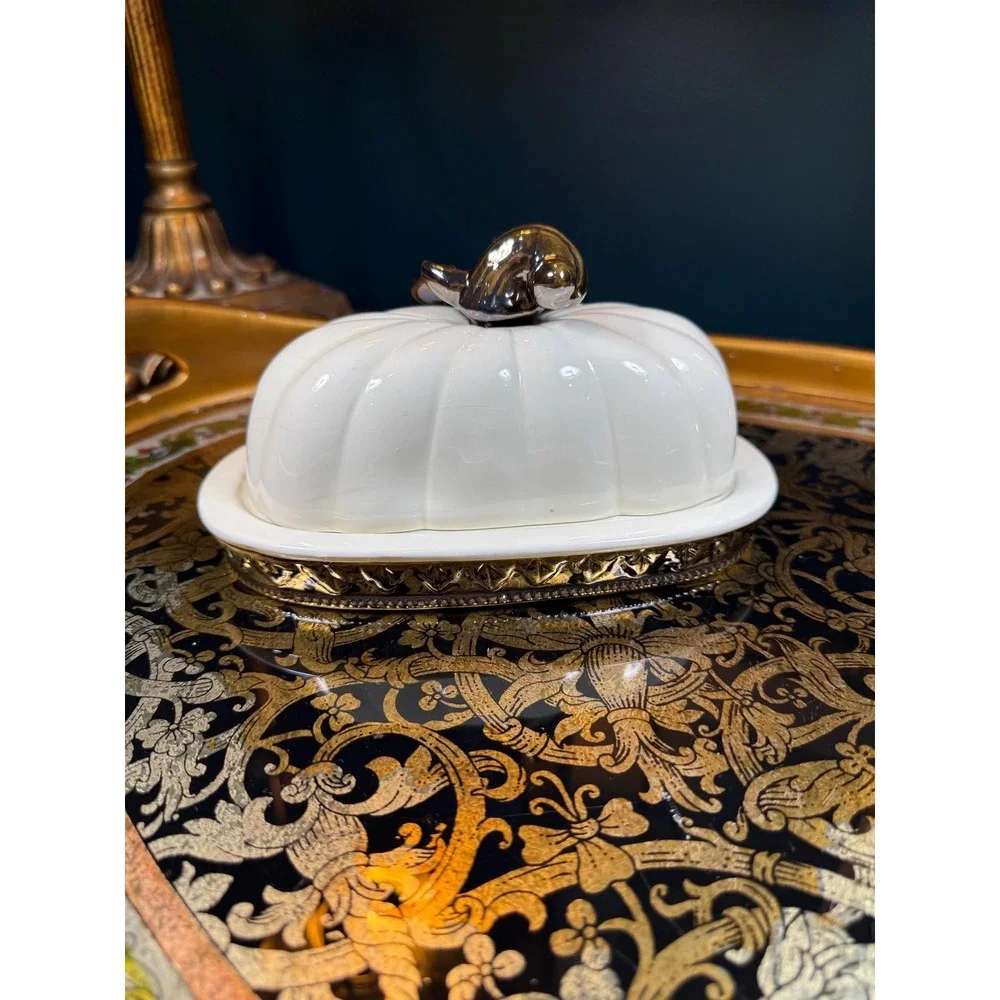 Vintage Pumpkin Butter Dish - Covered Dish with Ivory‎ & Metallic Glaze